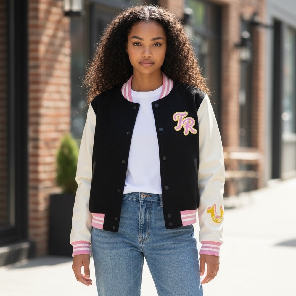 True Religion Womens Varsity Jacket Size M Black Winter White TR Script Wool NWT